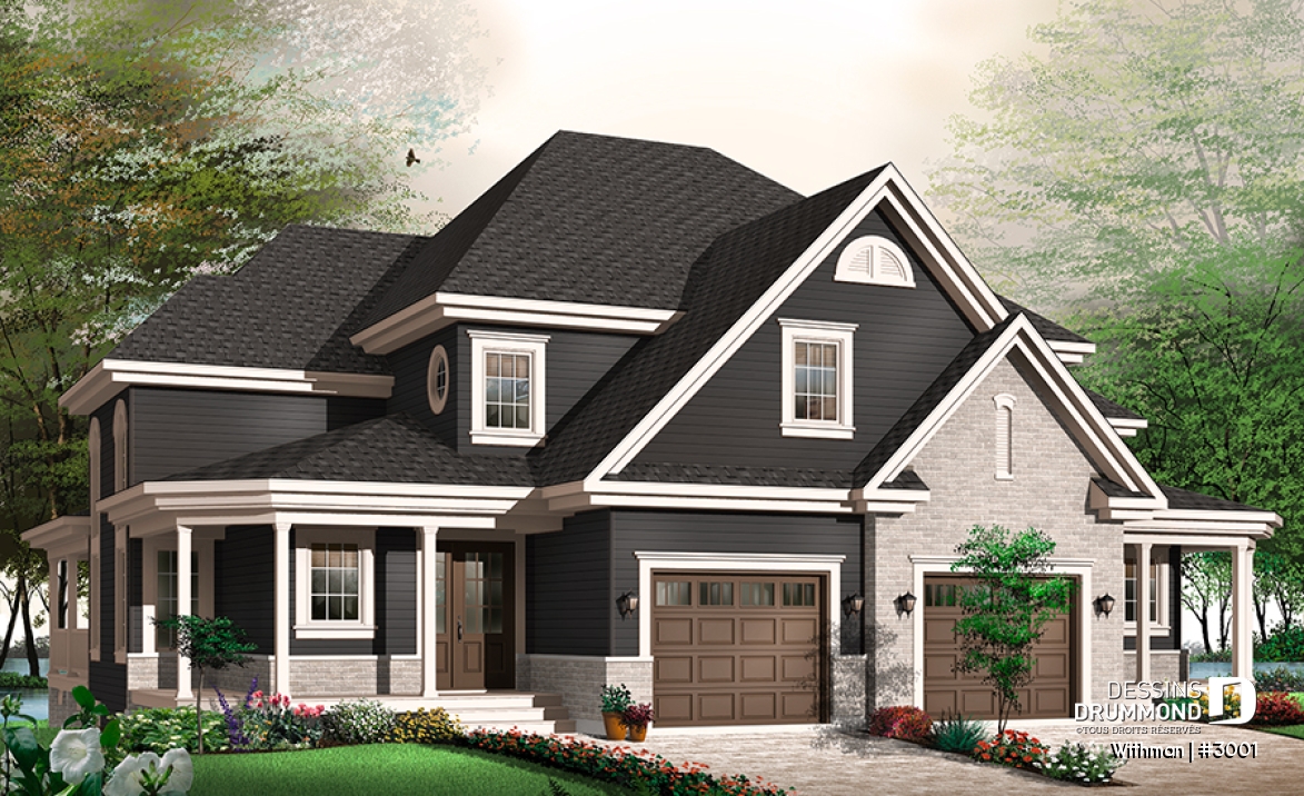 Vue avant - MODÈLE DE BASE - Plan de duplex avec 2 garages, 3 chambres et 2 salles de bain par logement, belle cuisine avec garde-manger - Withman