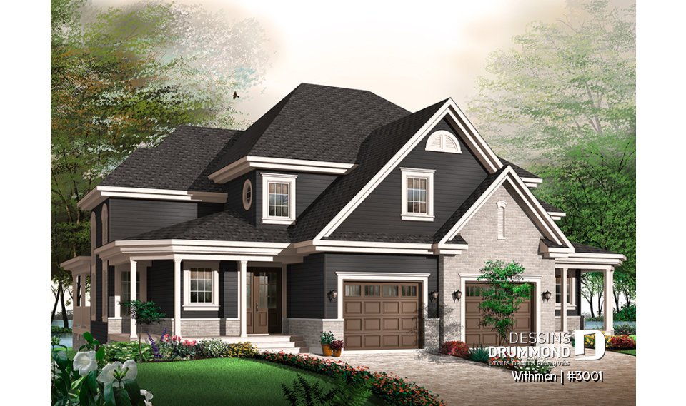 Vue avant - MODÈLE DE BASE - Plan de duplex avec 2 garages, 3 chambres et 2 salles de bain par logement, belle cuisine avec garde-manger - Withman