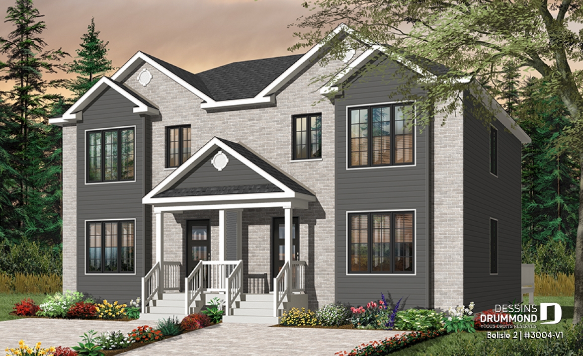 Vue avant - MODÈLE DE BASE - Plan de semi-détaché moderne à étage, 3 chambres, buanderie au rdc, grande chambre parents - Belisle 2