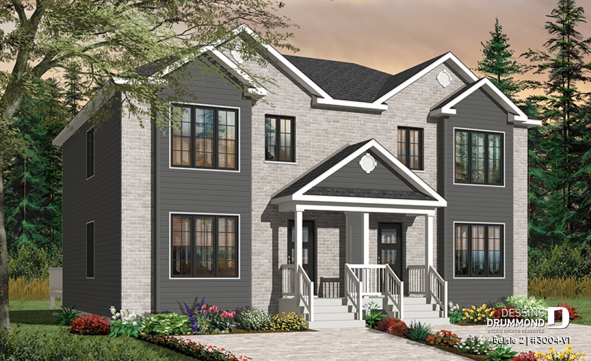Vue avant - MODÈLE DE BASE - Plan de semi-détaché moderne à étage, 3 chambres, buanderie au rdc, grande chambre parents - Belisle 2