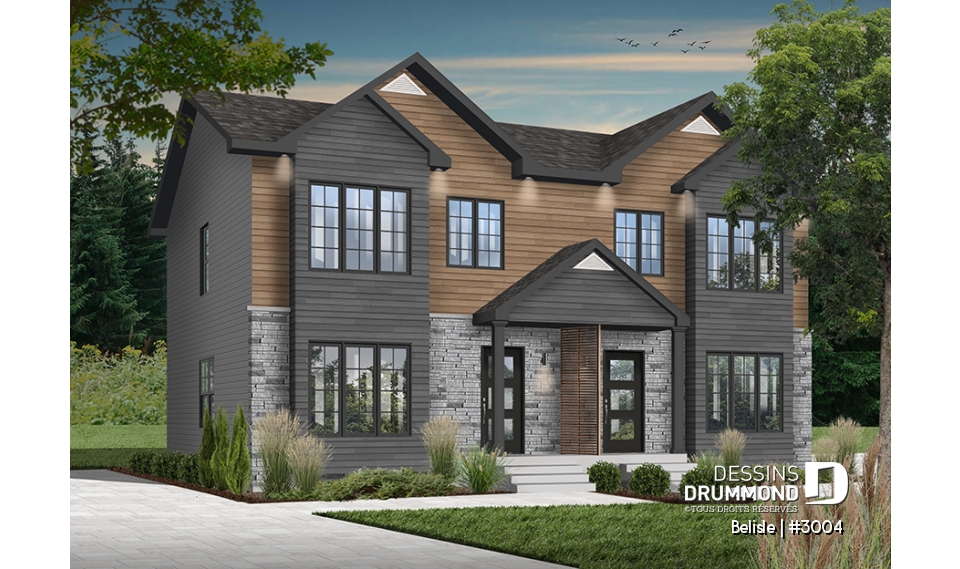 Vue avant - MODÈLE DE BASE - Plan de maison jumelé, aménagé sur 3 étages, 3 chambres, 2.5 sdb par unité - Belisle