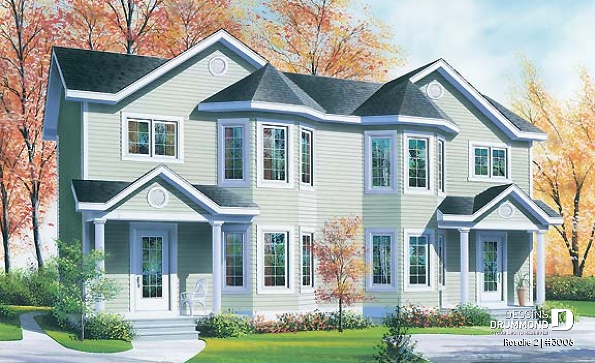 Vue avant - MODÈLE DE BASE - Plan de semi-détaché à étage, 2 à 3 chambres, 2 s. de bain, style victorien, belle fenestration, garde-manger - Rosalie 2