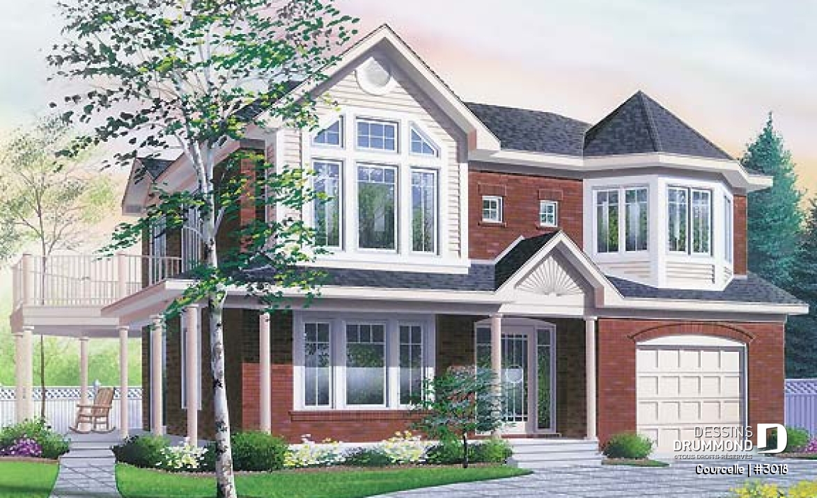 Vue avant - MODÈLE DE BASE - Plan de maison bi-génération avec garage, unité famille à l'étage avec 3 chambres, superbe galerie - Courcelle