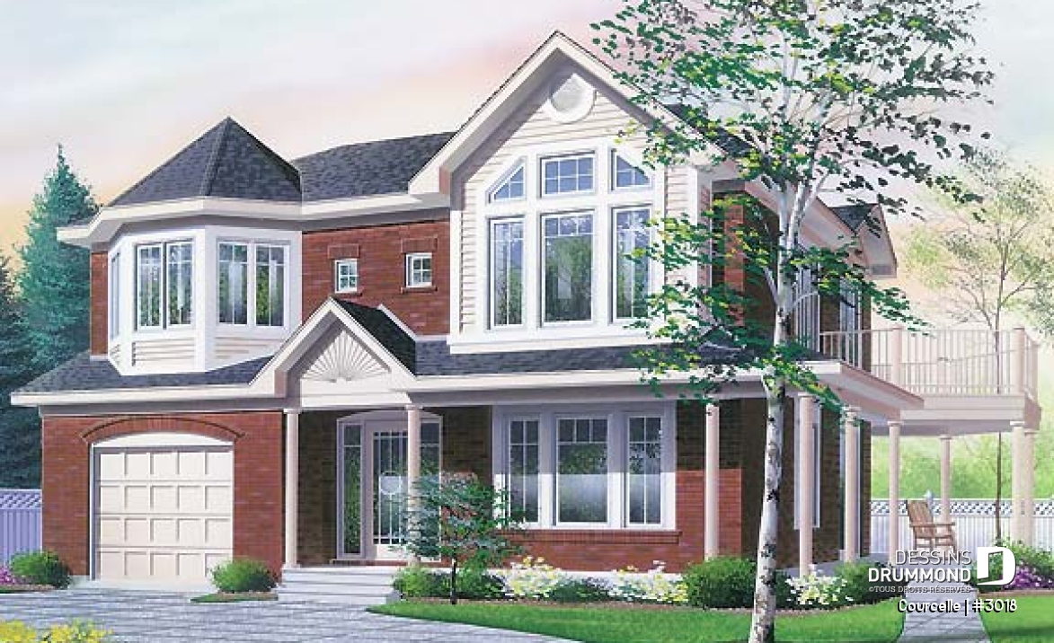 Vue avant - MODÈLE DE BASE - Plan de maison bi-génération avec garage, unité famille à l'étage avec 3 chambres, superbe galerie - Courcelle