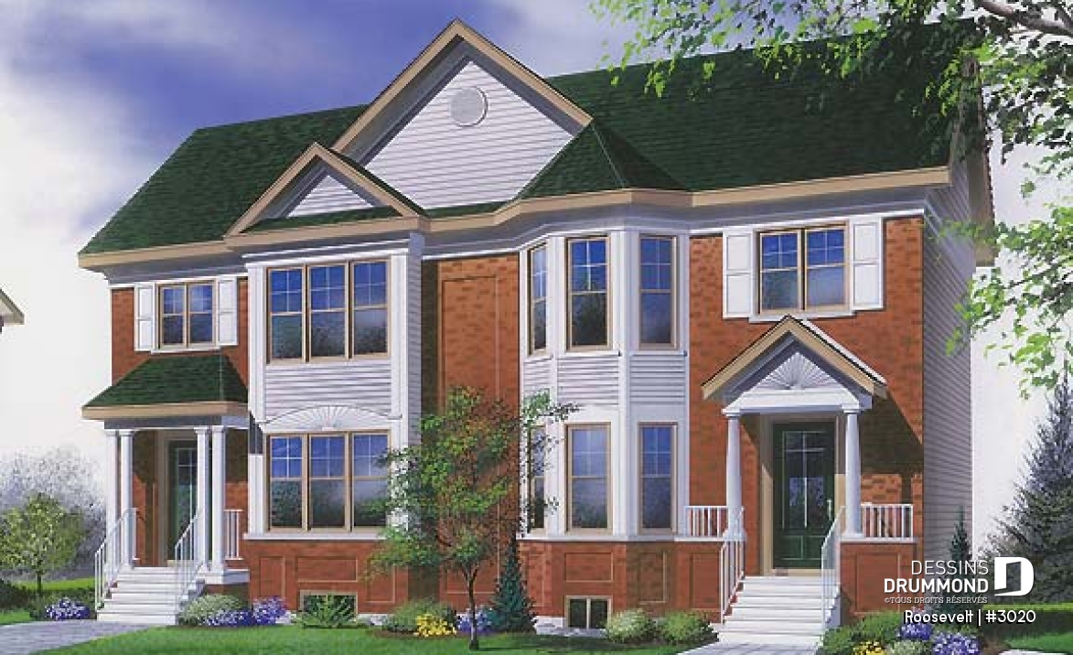 Vue avant - MODÈLE DE BASE - Plan de jumelé 2 à 3 chambres, vestibule fermé, garde-manger, aire ouverte, salle d'eau au rez-de-chaussée - Roosevelt