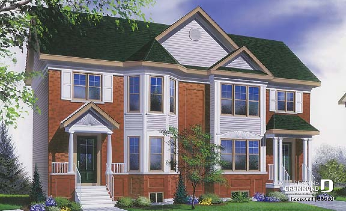 Vue avant - MODÈLE DE BASE - Plan de jumelé 2 à 3 chambres, vestibule fermé, garde-manger, aire ouverte, salle d'eau au rez-de-chaussée - Roosevelt