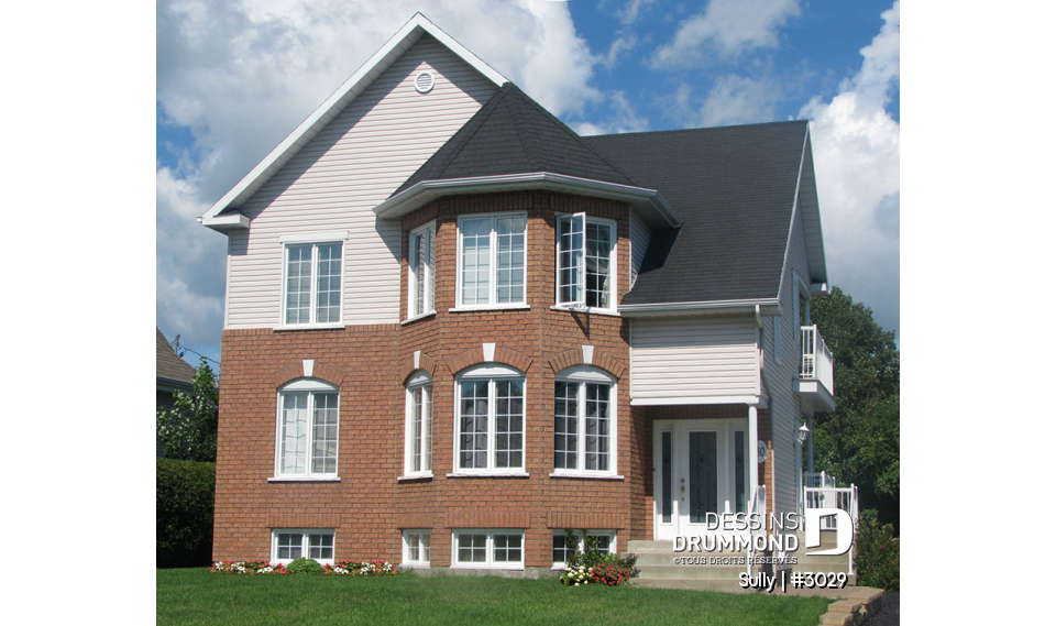 Vue avant - MODÈLE DE BASE - Plan de triplex, 2 chambres, 1 salle de bain et une buanderie par unité, balcon arrière abrité - Sully
