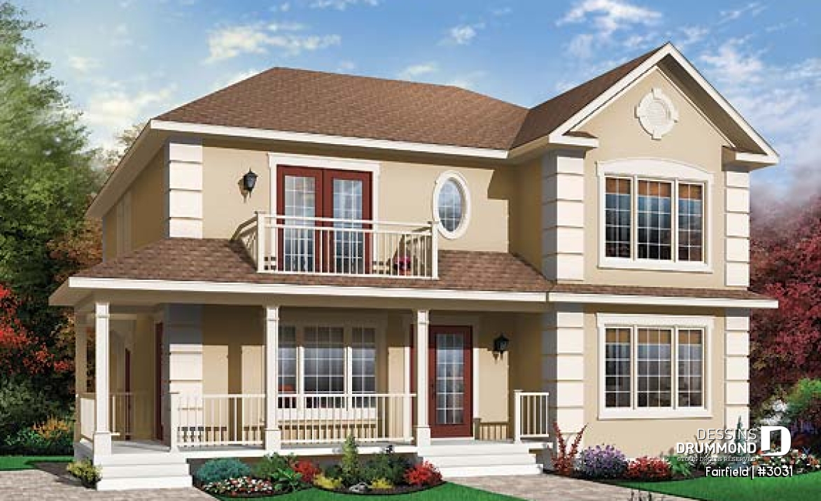 Vue avant - MODÈLE DE BASE - Plan de duplex 5 et demi (5 1/2) de style Européen offrant 3 chambres et buanderie par unité. - Fairfield