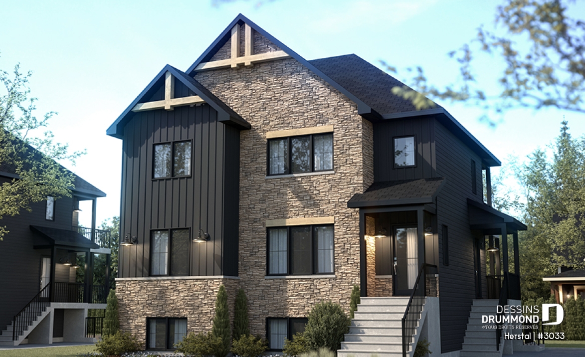 Vue avant - MODÈLE DE BASE - Plan de triplex, 2 chambres, 1 salle de bain, terrasse, aire ouverte et garde-manger à chaque logement - Herstal