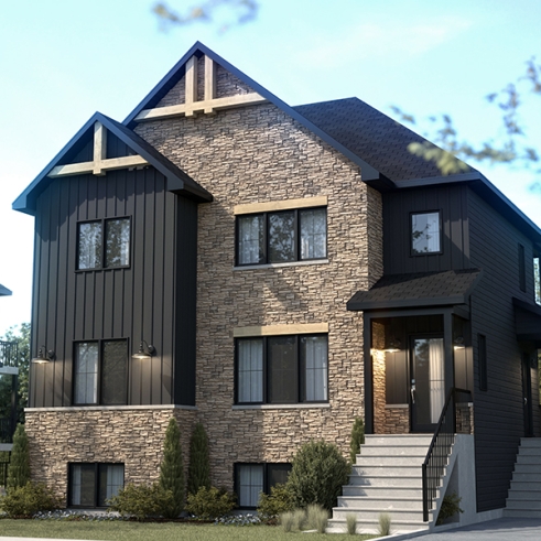 Vue avant - MODÈLE DE BASE - Plan de triplex, 2 chambres, 1 salle de bain, terrasse, aire ouverte et garde-manger à chaque logement - Herstal