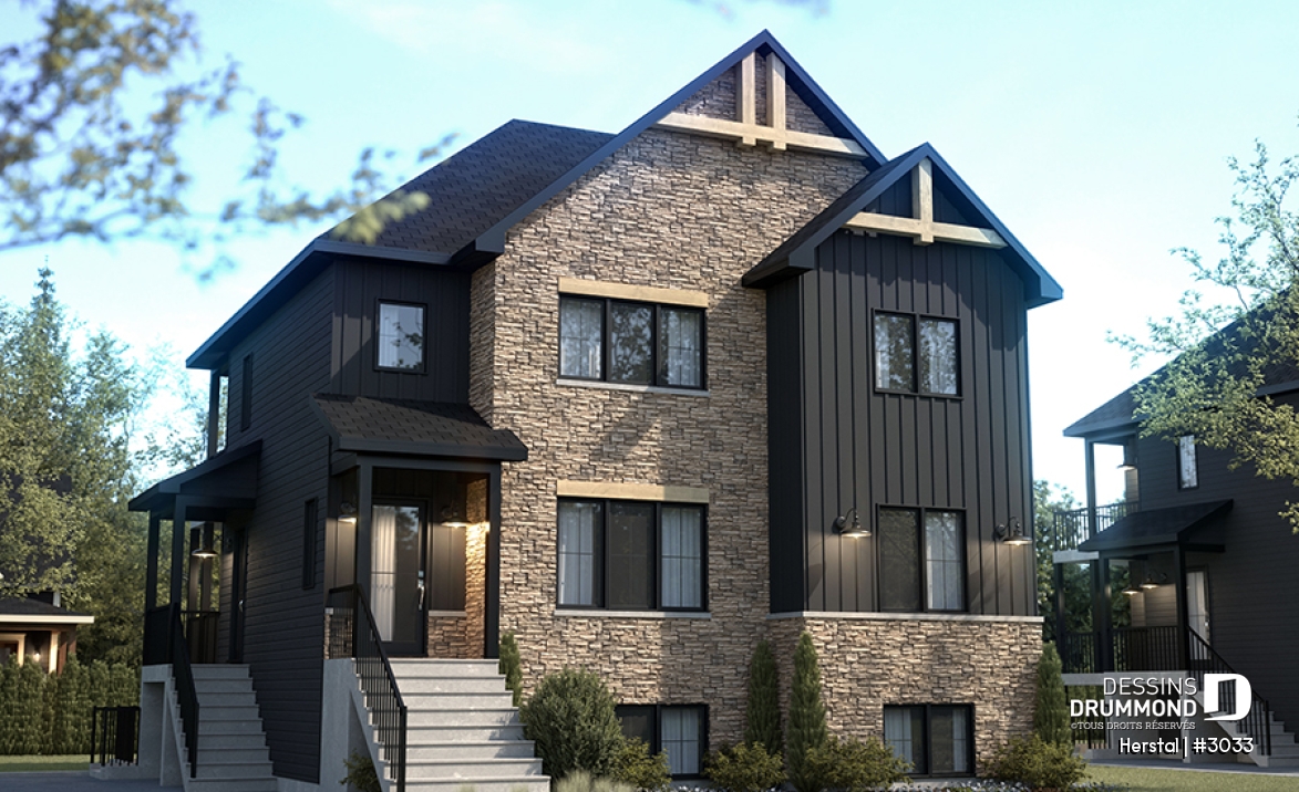 Vue avant - MODÈLE DE BASE - Plan de triplex, 2 chambres, 1 salle de bain, terrasse, aire ouverte et garde-manger à chaque logement - Herstal