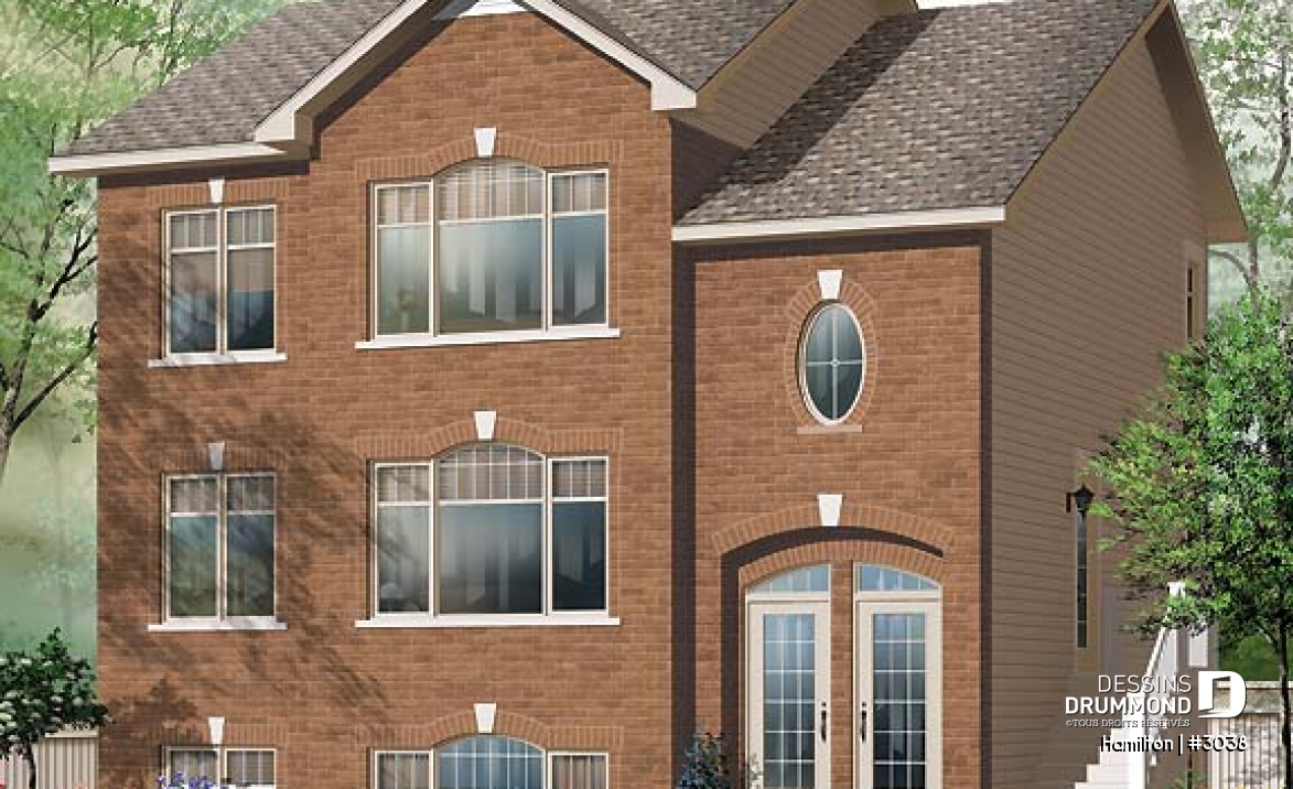 Vue avant - MODÈLE DE BASE - Plan de triplex, 2 chambres, 1 salle de bain, buanderie, cuisine avec îlot,  rangement - Hamilton