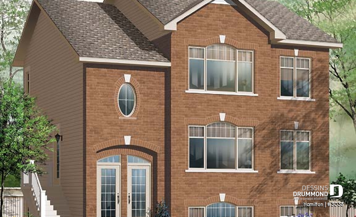 Vue avant - MODÈLE DE BASE - Plan de triplex, 2 chambres, 1 salle de bain, buanderie, cuisine avec îlot,  rangement - Hamilton