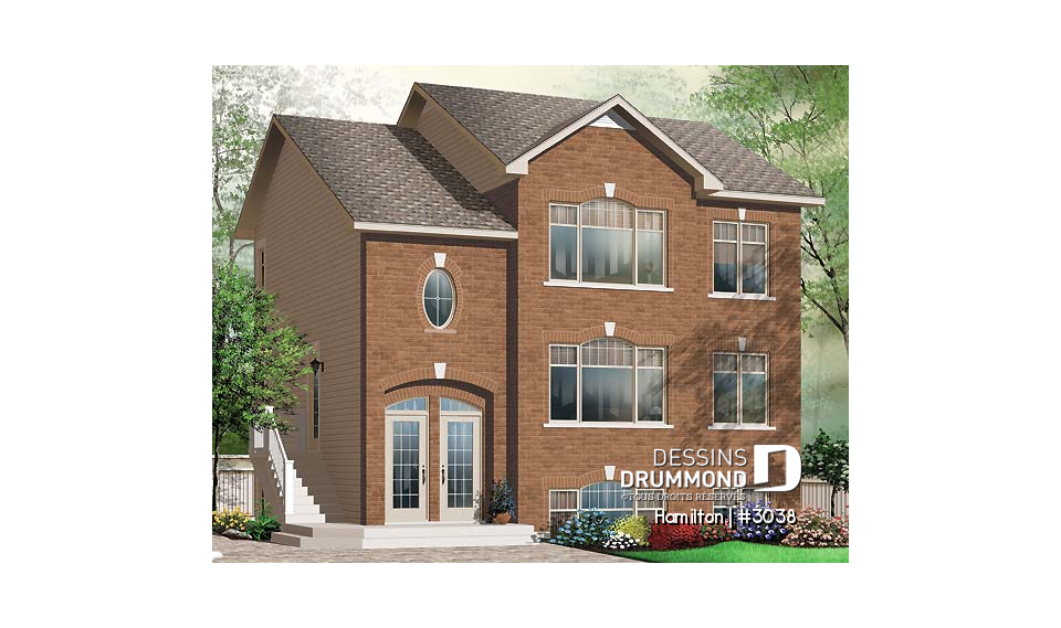 Vue avant - MODÈLE DE BASE - Plan de triplex, 2 chambres, 1 salle de bain, buanderie, cuisine avec îlot,  rangement - Hamilton