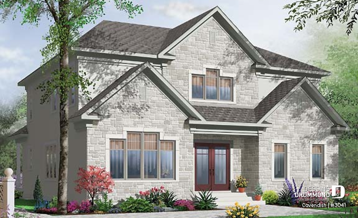 Vue avant - MODÈLE DE BASE - Plan de bi-génération à étage, 4 à 5 chambres et 2 salles familiales au logement principale - Cavendish