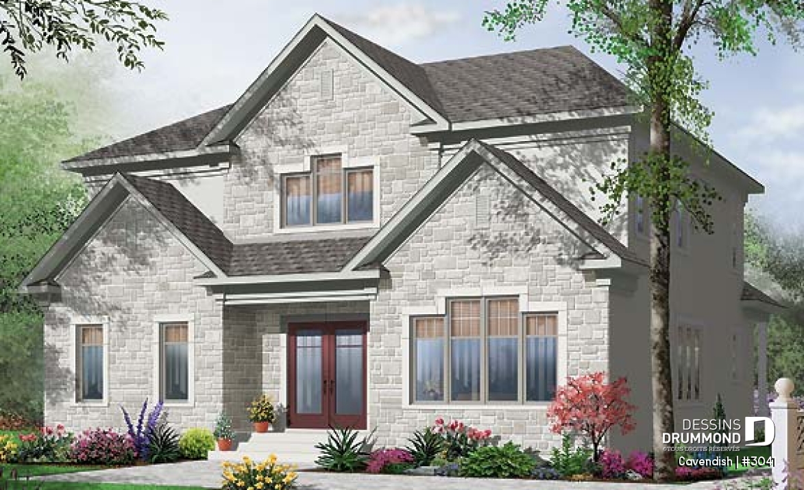 Vue avant - MODÈLE DE BASE - Plan de bi-génération à étage, 4 à 5 chambres et 2 salles familiales au logement principale - Cavendish