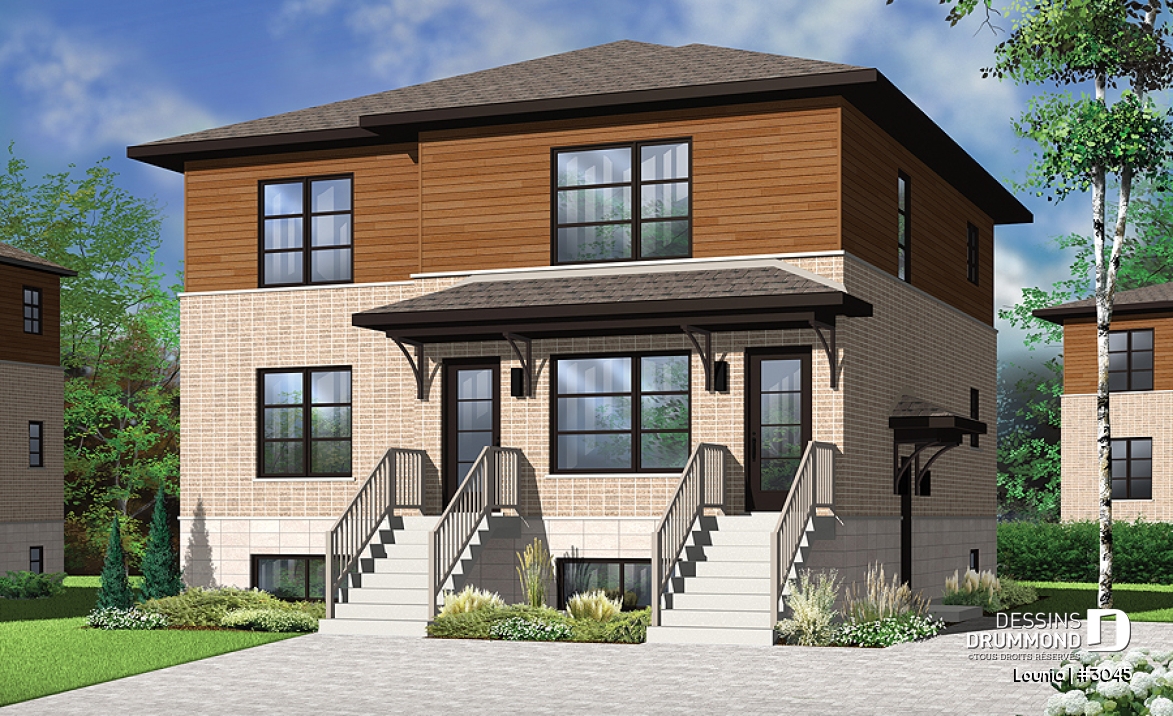 Vue avant - MODÈLE DE BASE - Plan de 3 logement,  modèle triplex moderne, 2 chambres, buanderie, balcon, garde-manger - Lounia
