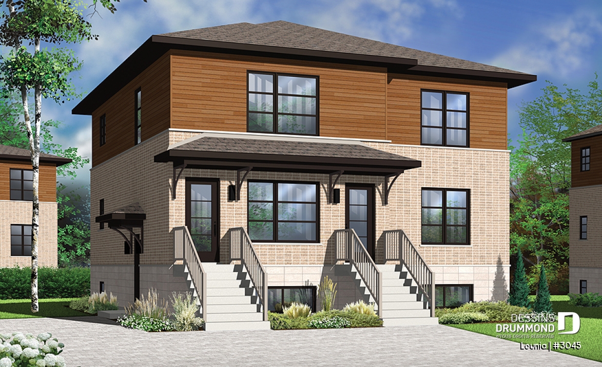 Vue avant - MODÈLE DE BASE - Plan de 3 logement,  modèle triplex moderne, 2 chambres, buanderie, balcon, garde-manger - Lounia