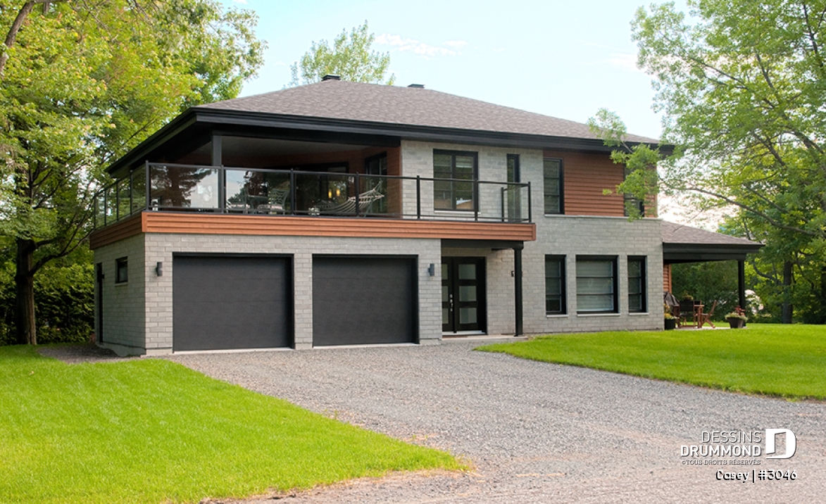 Vue avant - MODÈLE DE BASE - Plan de maison bi-génération contemporaine, 1 ou 2 chambres et grande terrasse à chaque unité - Casey