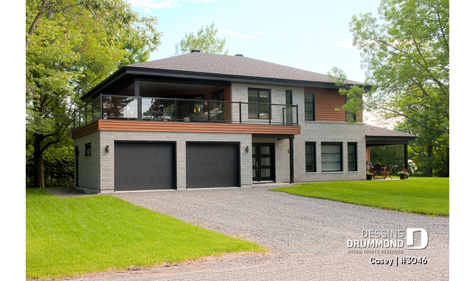 Vue avant - MODÈLE DE BASE - Plan de maison bi-génération contemporaine, 1 ou 2 chambres et grande terrasse à chaque unité - Casey