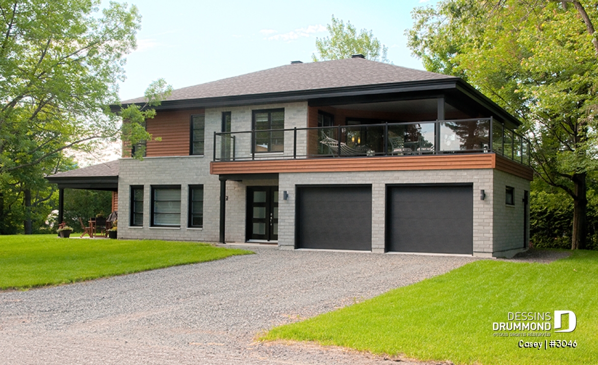 Vue avant - MODÈLE DE BASE - Plan de maison bi-génération contemporaine, 1 ou 2 chambres et grande terrasse à chaque unité - Casey