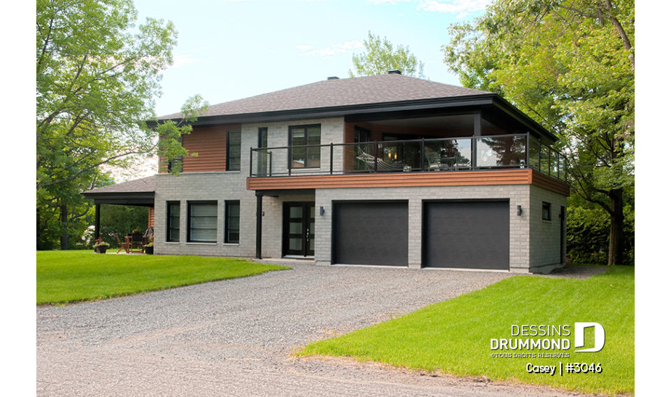 Vue avant - MODÈLE DE BASE - Plan de maison bi-génération contemporaine, 1 ou 2 chambres et grande terrasse à chaque unité - Casey