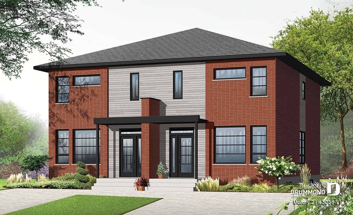 Vue avant - MODÈLE DE BASE - Plan de semi-détaché à étage, contemporain, option 2 ou 3 chambres, sous-sol aménageable - Mallory 2