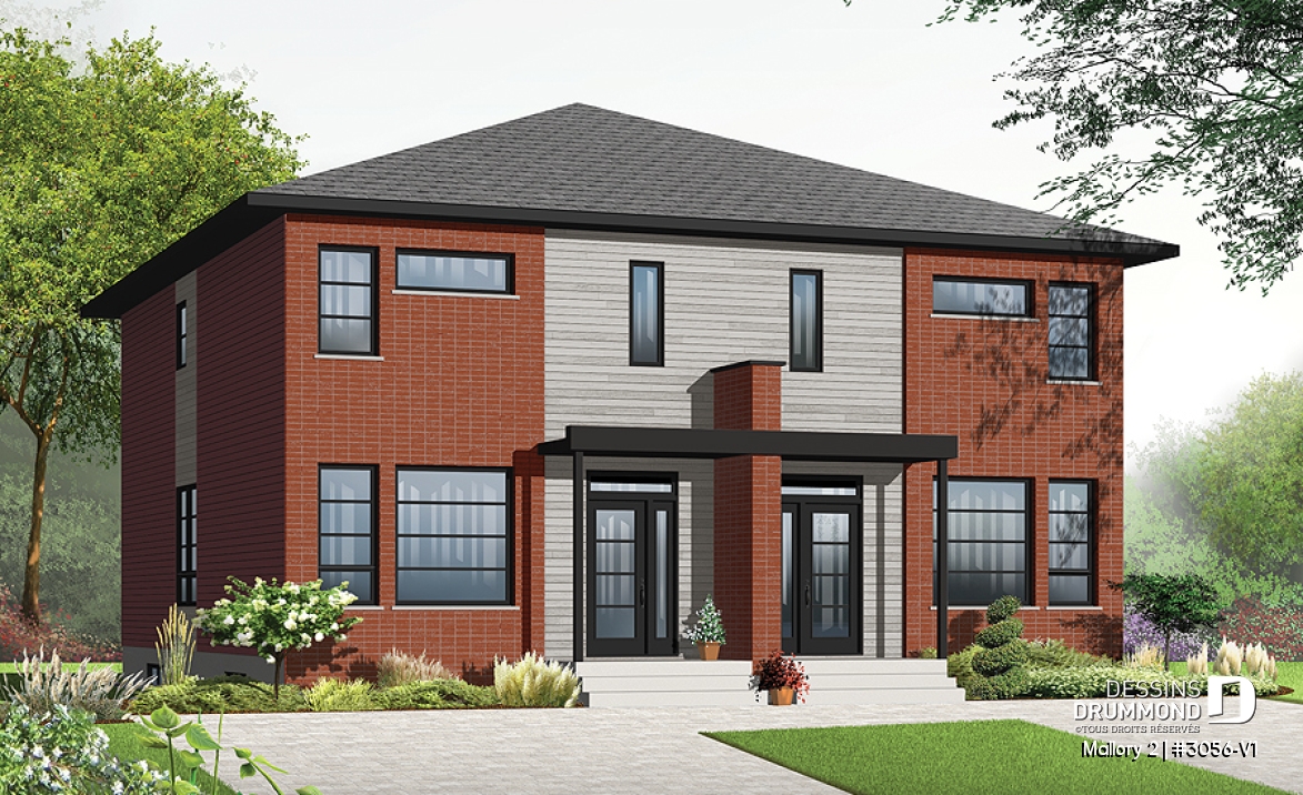 Vue avant - MODÈLE DE BASE - Plan de semi-détaché à étage, contemporain, option 2 ou 3 chambres, sous-sol aménageable - Mallory 2