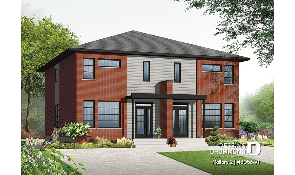 Vue avant - MODÈLE DE BASE - Plan de semi-détaché à étage, contemporain, option 2 ou 3 chambres, sous-sol aménageable - Mallory 2