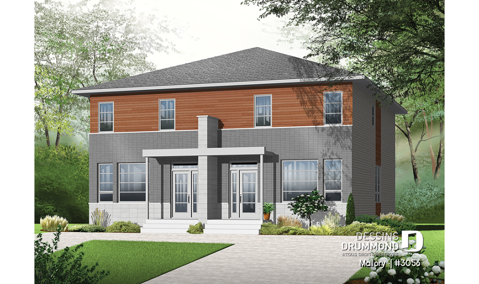 Vue avant - MODÈLE DE BASE - Plan de jumelé moderne à étage, 3 chambres par unité, 1.5 salle de bain, salle de lavage au rdc - Mallory 