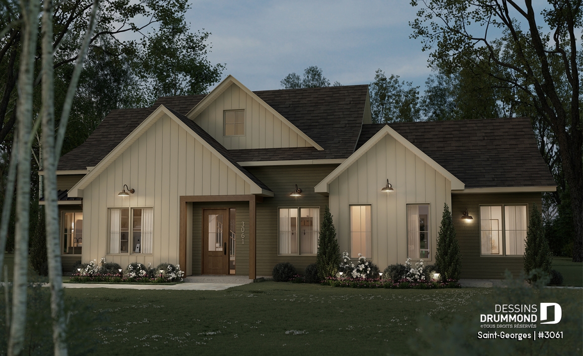 Vue avant - MODÈLE DE BASE - Plan de maison intergénérationnelle offrant 3 chambres et une terrasse couverte pour le logement principal. - Saint-Georges