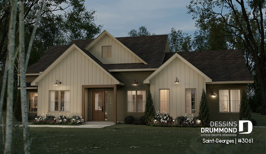 Vue avant - MODÈLE DE BASE - Plan de maison intergénérationnelle offrant 3 chambres et une terrasse couverte pour le logement principal. - Saint-Georges