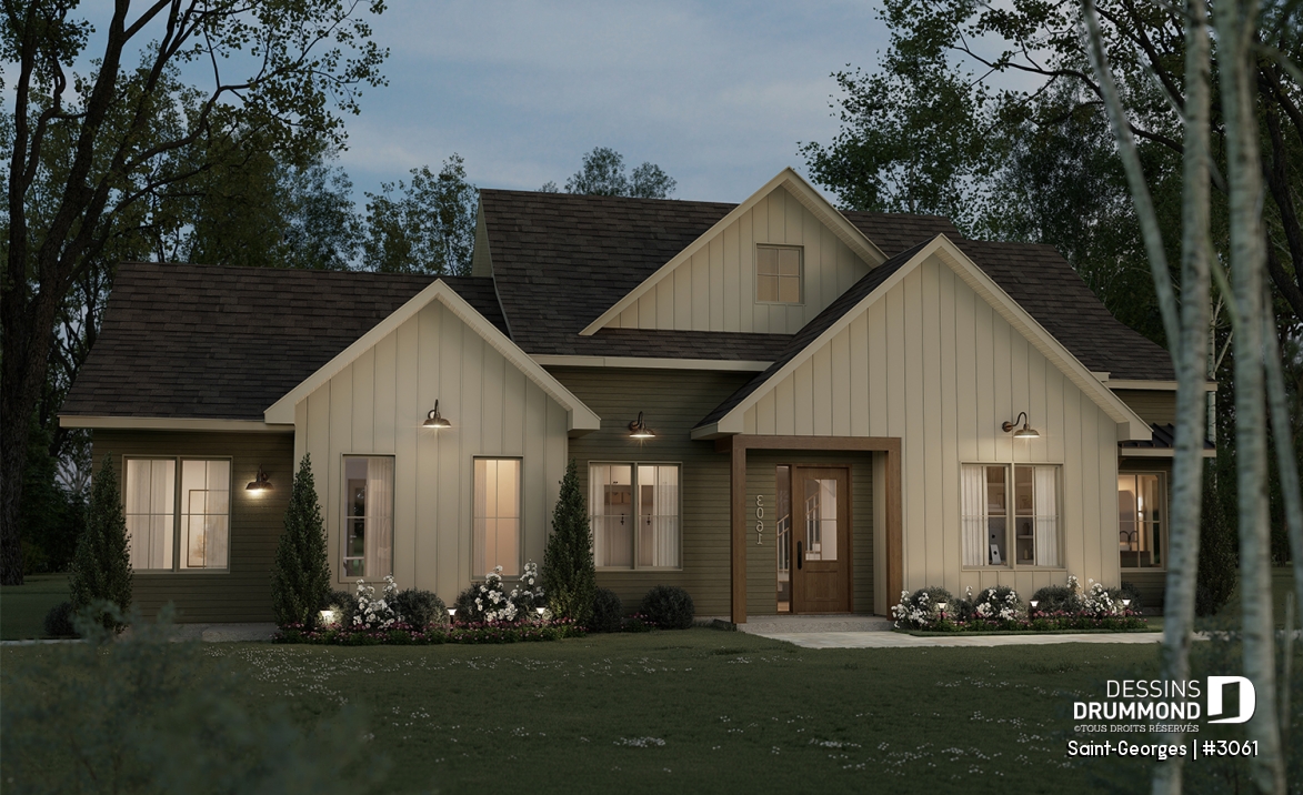 Vue avant - MODÈLE DE BASE - Plan de maison intergénérationnelle offrant 3 chambres et une terrasse couverte pour le logement principal. - Saint-Georges