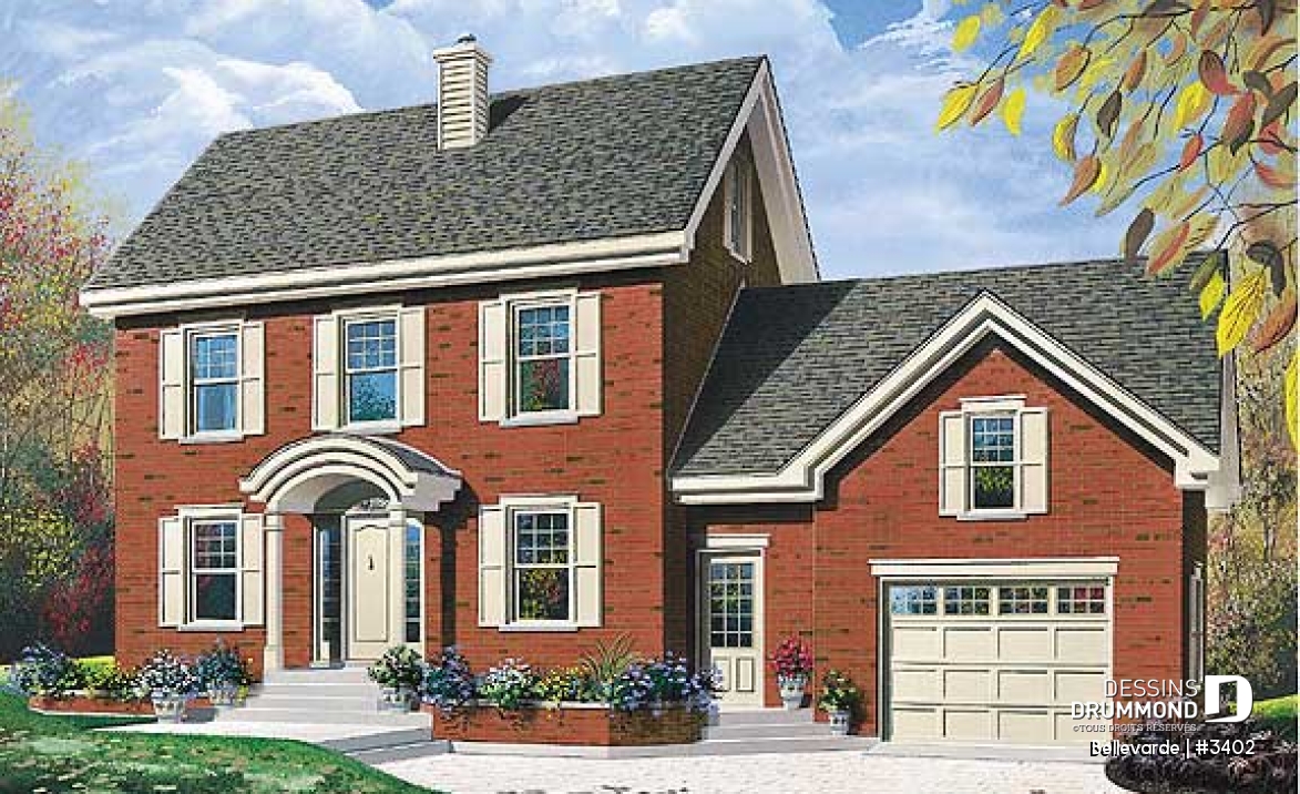 Vue avant - MODÈLE DE BASE - Plan de maison 3 chambres + bureau, garage, grenier aménageable, brique sur 3 façades - Bellevarde