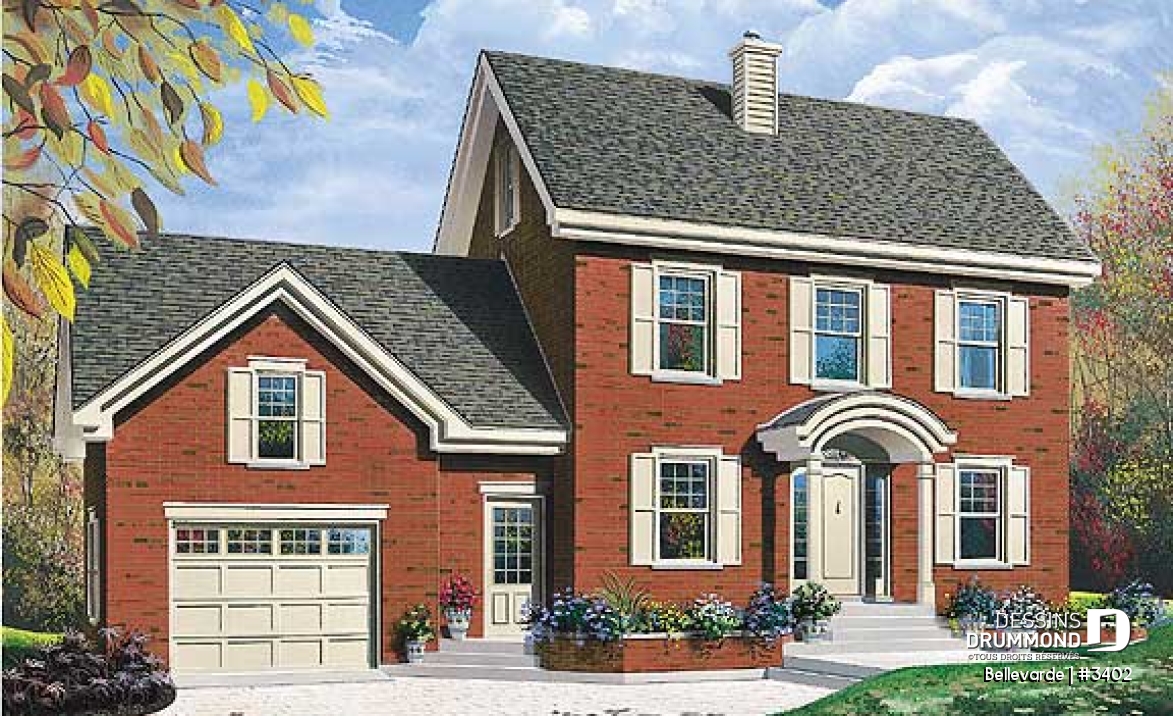 Vue avant - MODÈLE DE BASE - Plan de maison 3 chambres + bureau, garage, grenier aménageable, brique sur 3 façades - Bellevarde