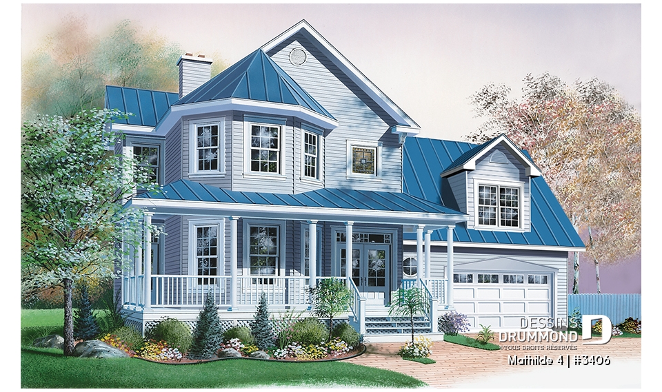 Vue avant - MODÈLE DE BASE - Plan de maison victorienne, garage double, foyer central, buanderie r-d-c, coin déjeuner, 3-4 chambres - Mathilde 4