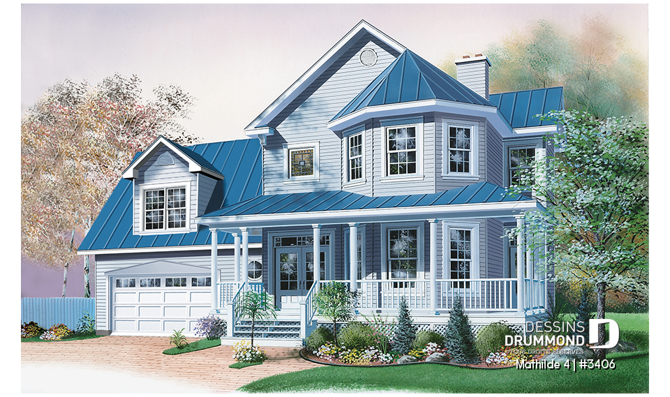 Vue avant - MODÈLE DE BASE - Plan de maison victorienne, garage double, foyer central, buanderie r-d-c, coin déjeuner, 3-4 chambres - Mathilde 4