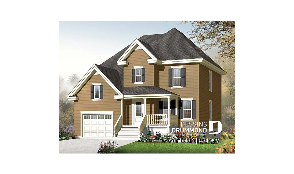 Vue avant - MODÈLE DE BASE - Plan de maison d'un modèle champêtre, 3 chambres, espace boni pour chambre #4 ou bureau - Archibald 2