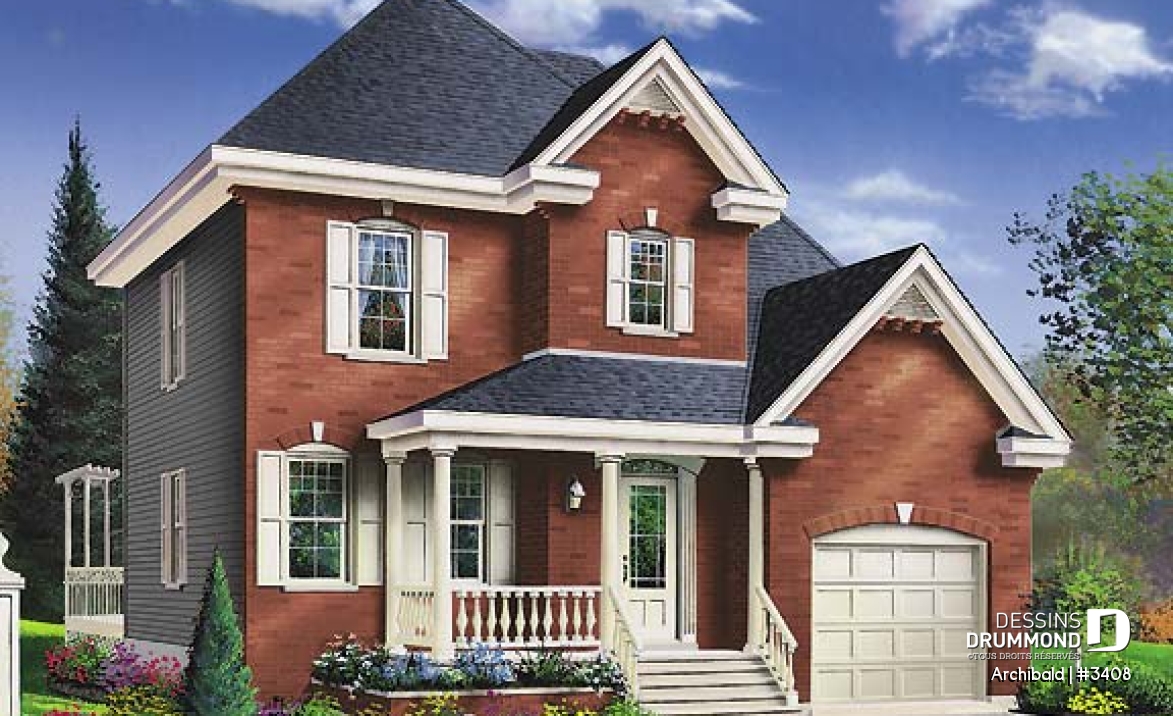 Vue avant - MODÈLE DE BASE - Plan de maison à étage, garage, 3 à 4 chambres, coin ordinateur à la cuisine, salle de lavage au 1er - Archibald
