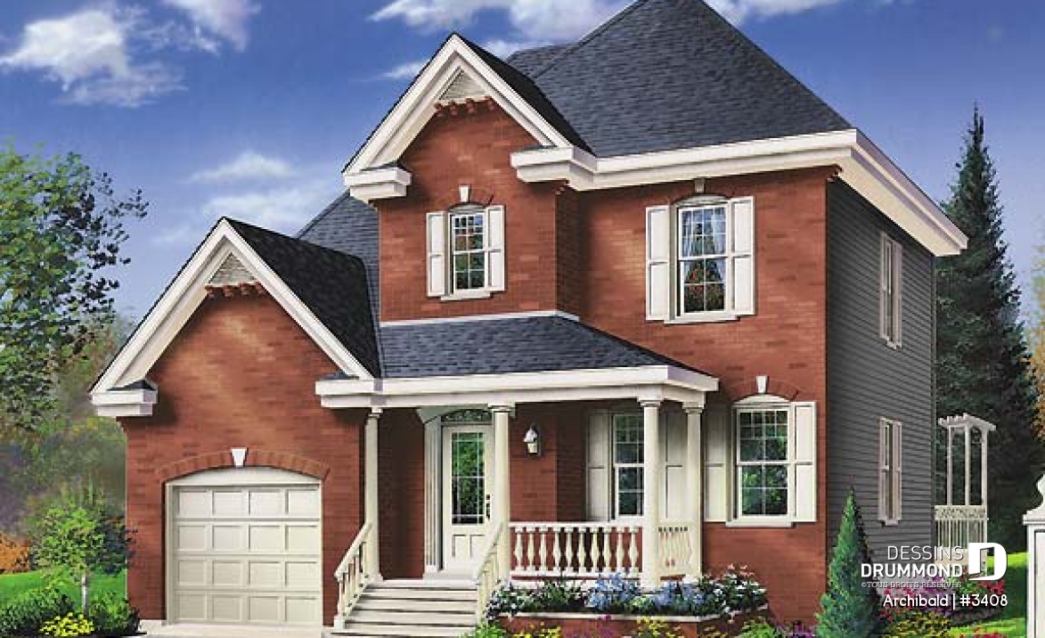 Vue avant - MODÈLE DE BASE - Plan de maison à étage, garage, 3 à 4 chambres, coin ordinateur à la cuisine, salle de lavage au 1er - Archibald