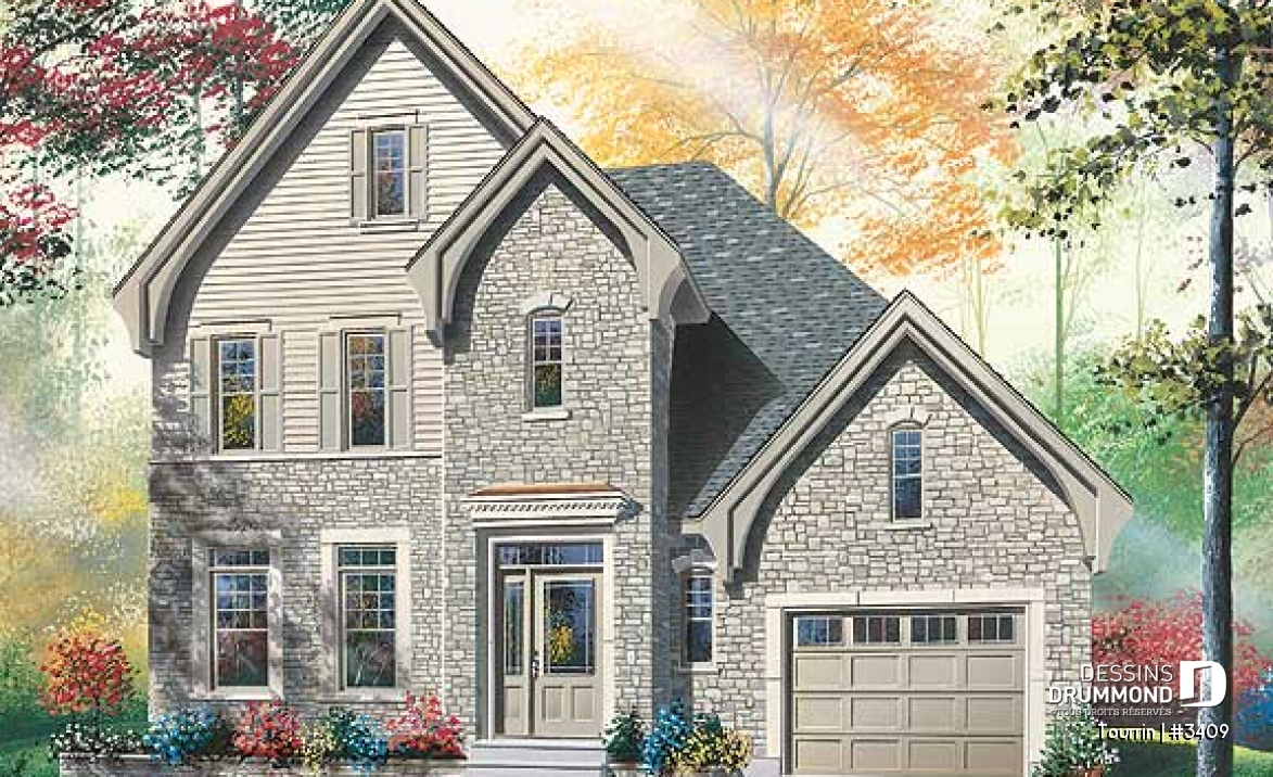 Vue avant - MODÈLE DE BASE - Plan de maison à étage avec espace boni au-dessus du garage, 3 à 4 ch., maîtres avec grand walk-in - Tourrin