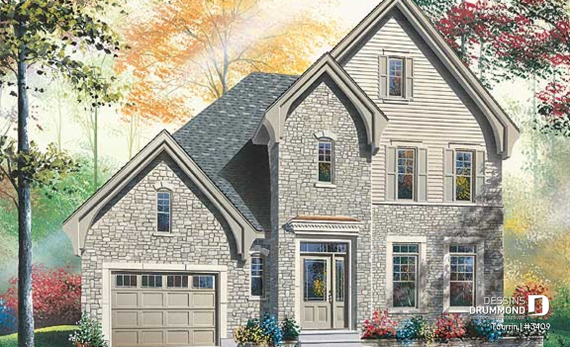 Vue avant - MODÈLE DE BASE - Plan de maison à étage avec espace boni au-dessus du garage, 3 à 4 ch., maîtres avec grand walk-in - Tourrin