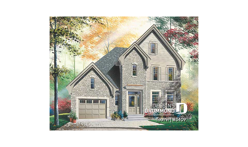 Vue avant - MODÈLE DE BASE - Plan de maison à étage avec espace boni au-dessus du garage, 3 à 4 ch., maîtres avec grand walk-in - Tourrin