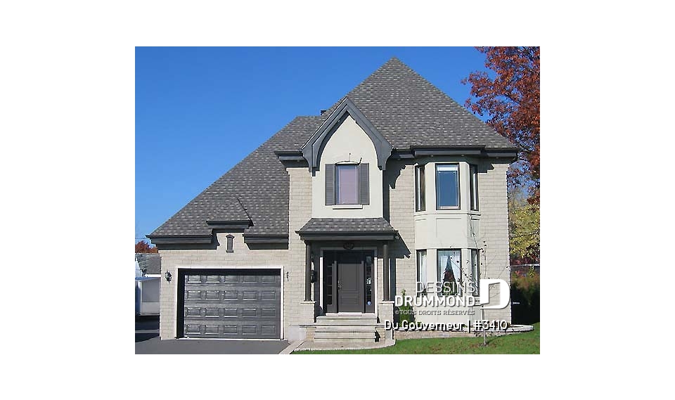 Vue avant - MODÈLE DE BASE - Plan de maison à étage style anglais,coin déjeuner en solarium, foyer à la salle familiale, 3 chambres, garage - Du Gouverneur