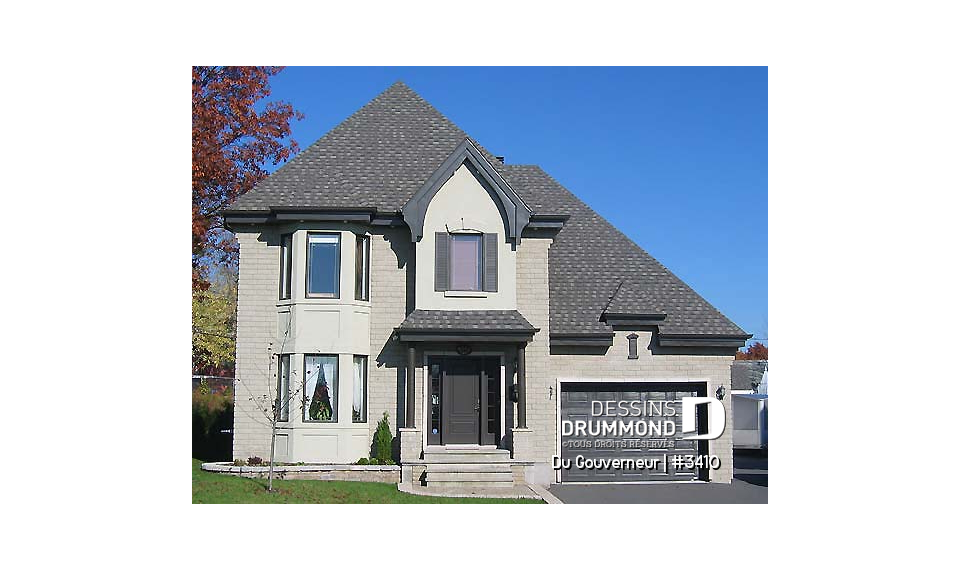 Vue avant - MODÈLE DE BASE - Plan de maison à étage style anglais,coin déjeuner en solarium, foyer à la salle familiale, 3 chambres, garage - Du Gouverneur