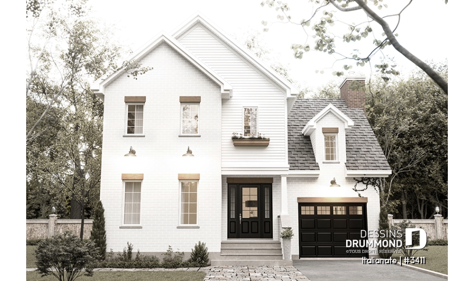 Alternative - Plan de maison d'inspiration française à étages avec garage, foyer central et cuisine avec îlot. - Italianate