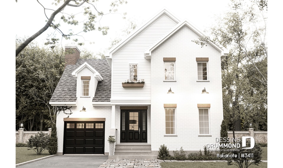 Alternative - Plan de maison d'inspiration française à étages avec garage, foyer central et cuisine avec îlot. - Italianate