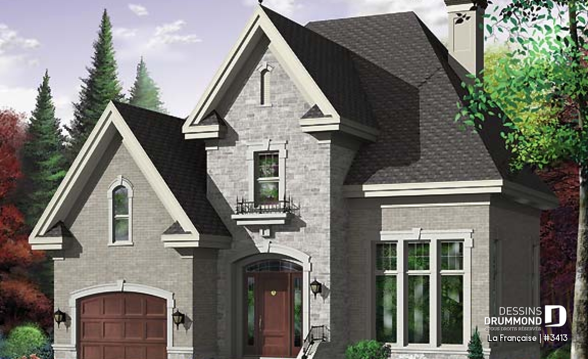Vue avant - MODÈLE DE BASE - Plan de maison avec grande cuisine, îlot, foyer et plafond 18' au séjour, espace boni, 3 chambres - La Française