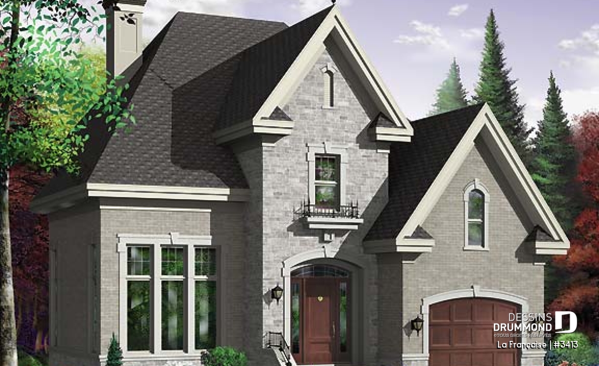 Vue avant - MODÈLE DE BASE - Plan de maison avec grande cuisine, îlot, foyer et plafond 18' au séjour, espace boni, 3 chambres - La Française