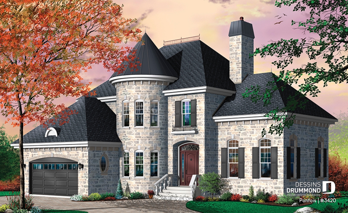 Vue avant - MODÈLE DE BASE - Plan de maison avec grande chambre des parents, 3 chambres, buanderie à l'étage, bureau, grand séjour, foyer - Pontois